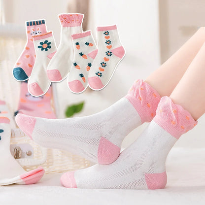 5Pairs/Lot Kids Summer Socks Cute Carrot Lace Flower Mesh Baby Girl Socks For Children Breathable Cotton Short Socks