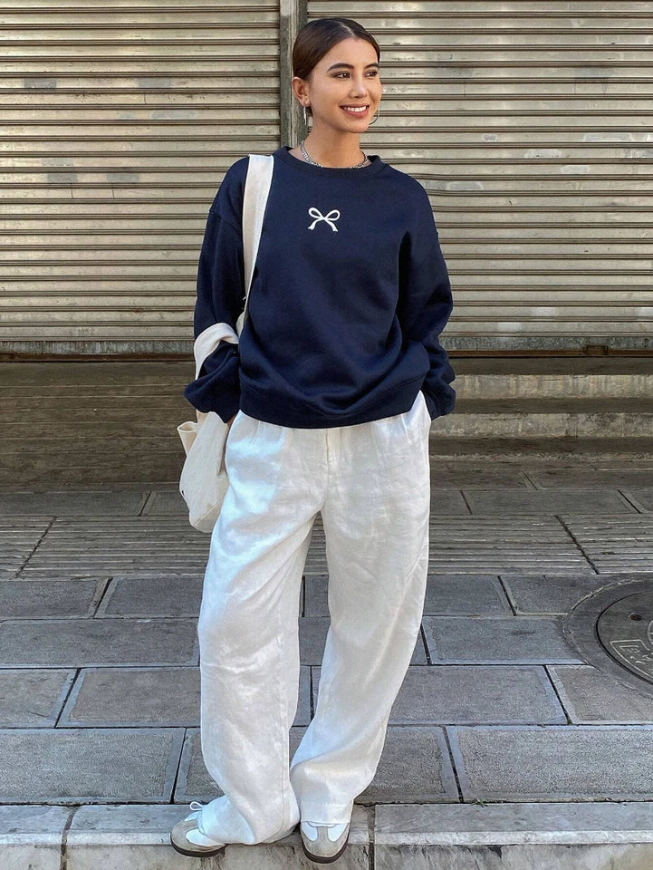 Casual Women's Sweatshirts Kawaii Bow Graphic Prints Pullover Comfortable Warm