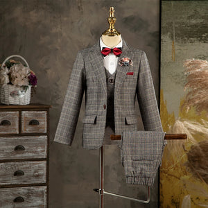 Children's Formal Classic Palid Suit Set Boy Gentleman Catwalk Birthday Host Piano Performance Costume Kids Jacket Vest Pants