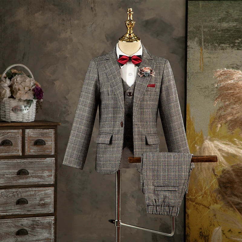 Children's Formal Classic Palid Suit Set Boy Gentleman Catwalk Birthday Host Piano Performance Costume Kids Jacket Vest Pants