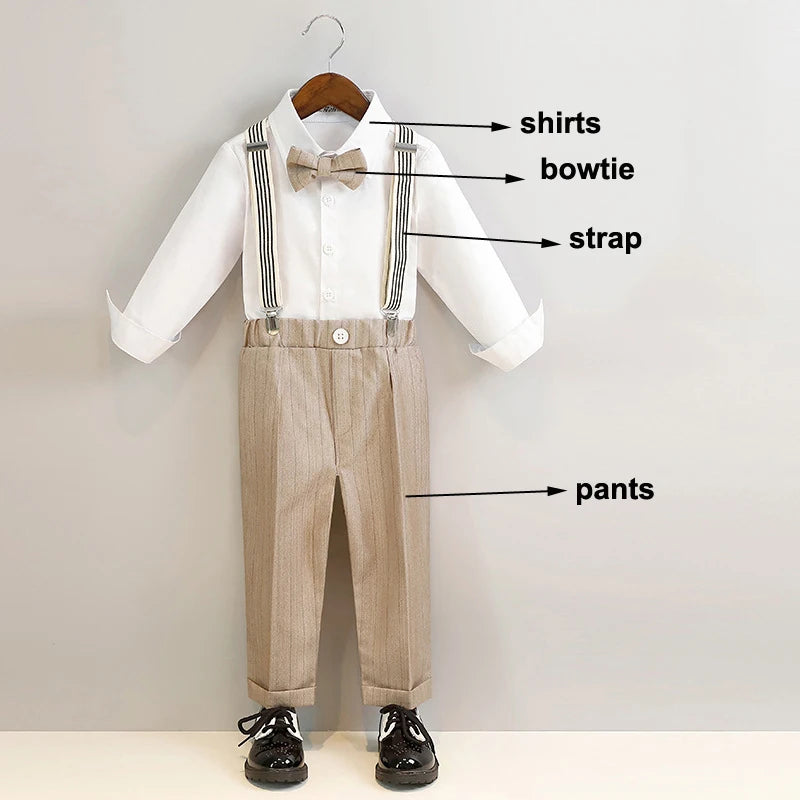 Boys Spring Summer Khaki Striped Suit Set Baby Child Birthday Party Wedding Photography Costume Kids Blazer Vest Pants Clothes