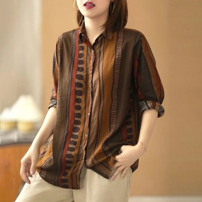 Aesthetic Ethnic Print Cotton Linen Shirt Women