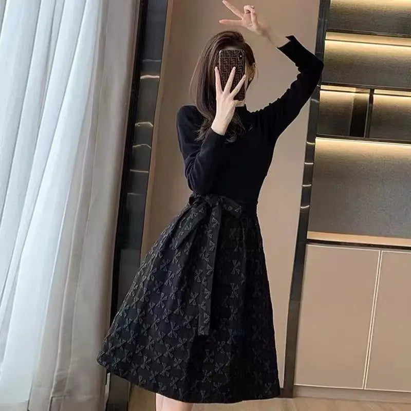 Black Women's Long Sleeve Dresses Birthday Bow Female Dress