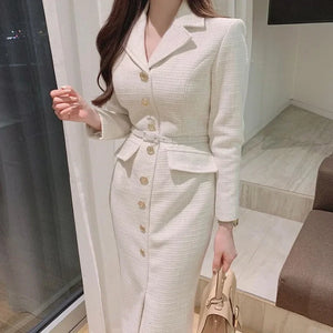 Tweed Midi Dress Metal Button Single Breasted Belt Slim Vestidos Fall Winter Solid Retro Robe
