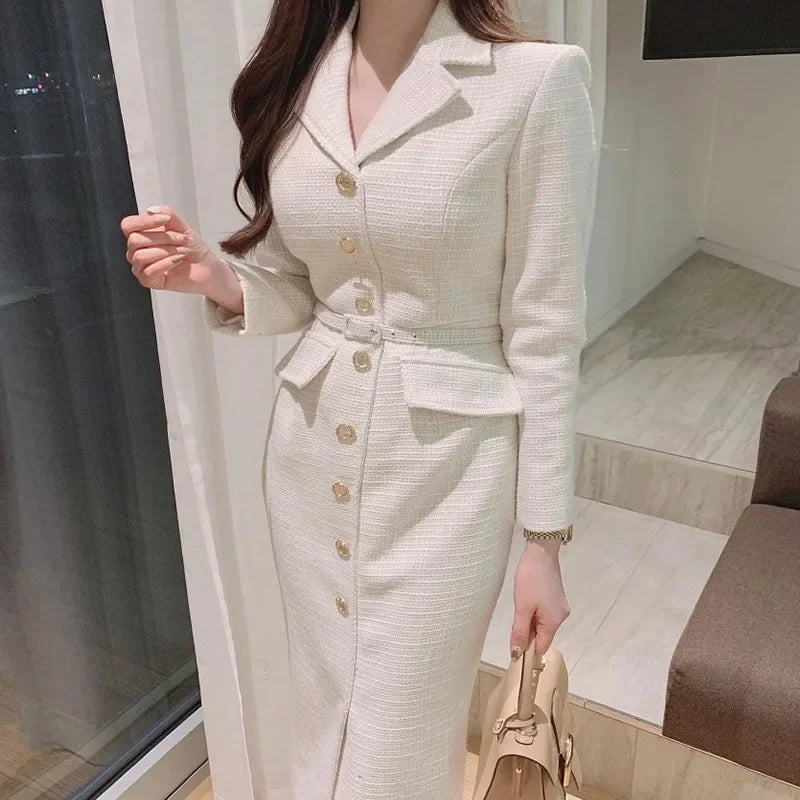Tweed Midi Dress Metal Button Single Breasted Belt Slim Vestidos Fall Winter Solid Retro Robe
