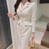 Tweed Midi Dress Metal Button Single Breasted Belt Slim Vestidos Fall Winter Solid Retro Robe