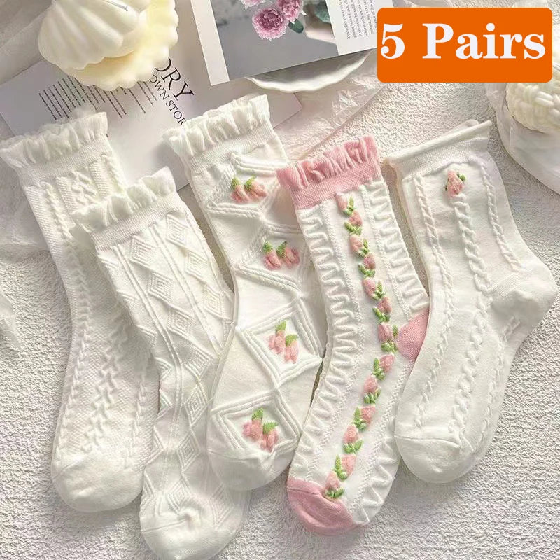 5 Pairs Cute Socks with Flowers Women Lace White Short Socks Sweet Lolita jk Ruffled Harajuku Krean Style Mid Tube Cotton Socks