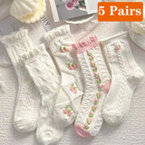 5 Pairs Cute Socks with Flowers Women Lace White Short Socks