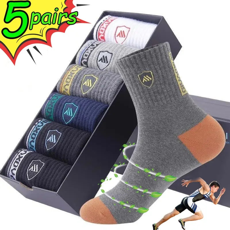 5 Pairs Breathable Cotton Men's Basketball Running Crew Socks