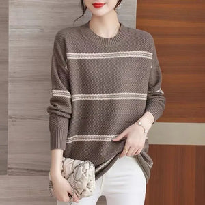 Women's Sweater Autumn Winter New Loose Striped Round Neck Knitted Sweater