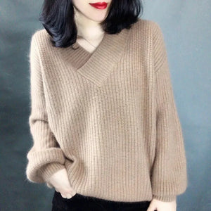 Ladies V-neck Pullover Knitted Autumn Winter Female New Solid Color Knit Coat