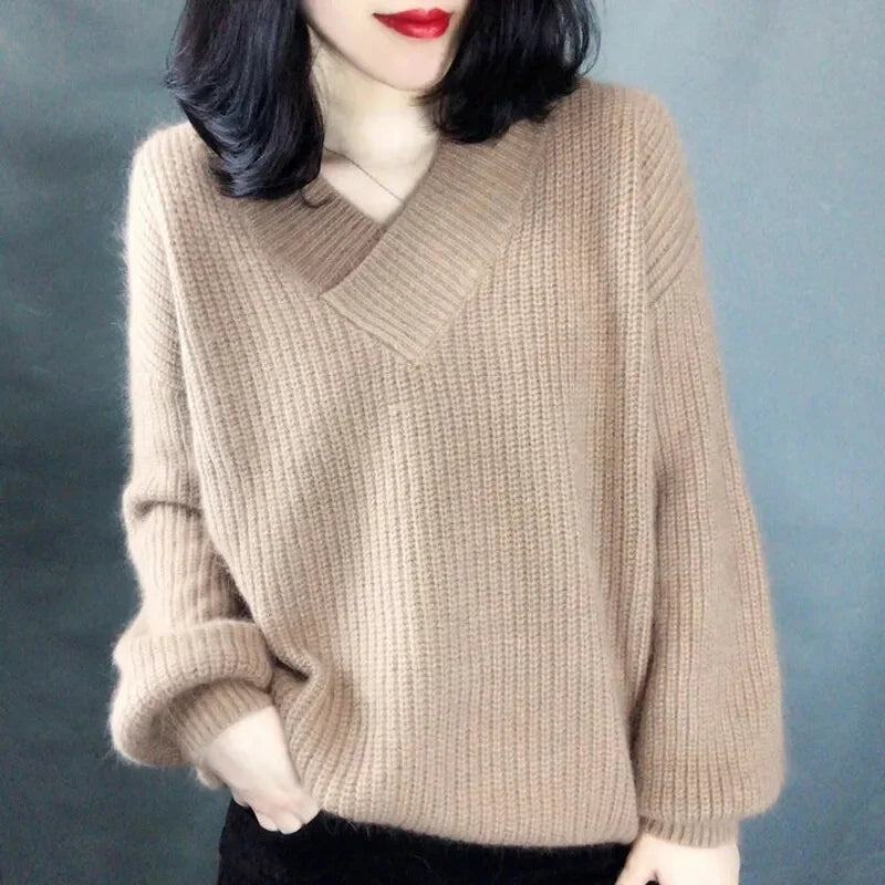 Ladies V-neck Pullover Knitted Autumn Winter Female New Solid Color Knit Coat