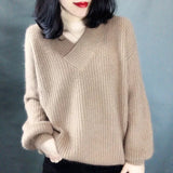 Ladies V-neck Pullover Knitted Autumn Winter Female New Solid Color Knit Coat