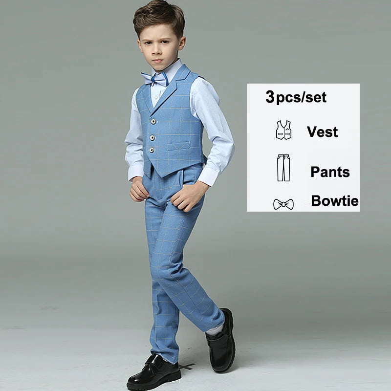 Children's Formal Classic Palid Suit Set Boy Gentleman Catwalk Birthday Host Piano Performance Costume Kids Jacket Vest Pants