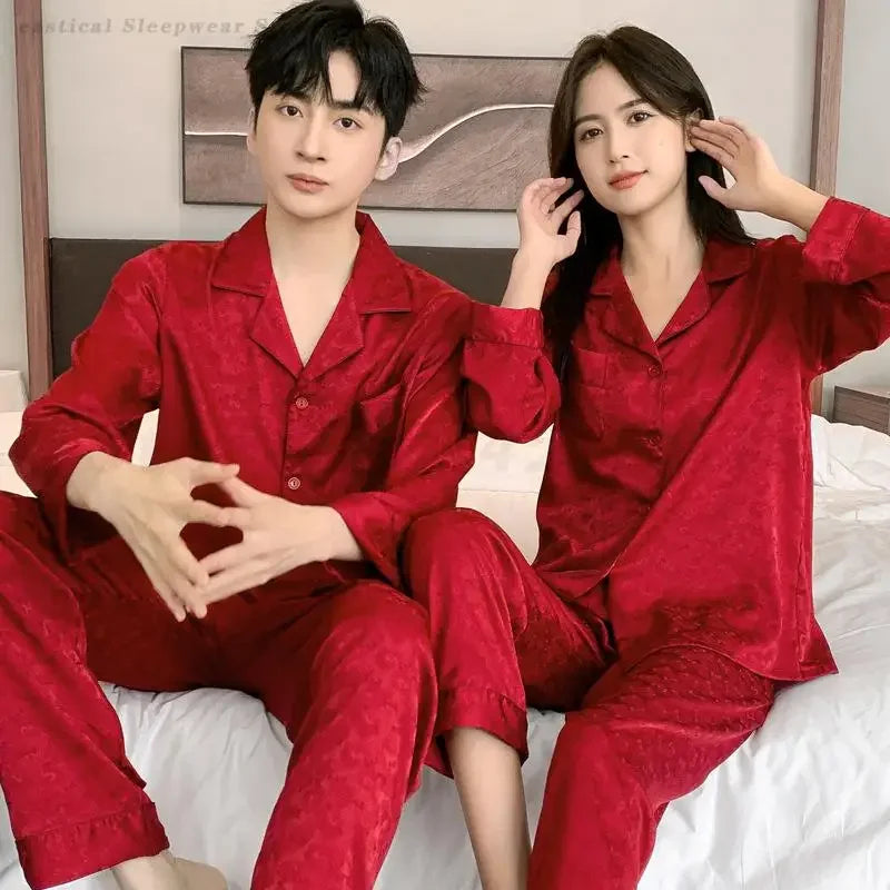 Couple's Newlywed Pajamas Set Women Long Sleeves Shirt&Pants Home Wear Men's Silky Satin Sleepwear Bride Groom's Red Nightwear