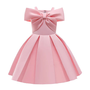 2024 New Girl Summer Solid Dress Bowknot Short Sleeve Shoulderless Children Skirts Breathable Quick Drying Casual Kids Dresses