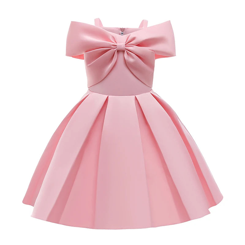 2024 New Girl Summer Solid Dress Bowknot Short Sleeve Shoulderless Children Skirts Breathable Quick Drying Casual Kids Dresses