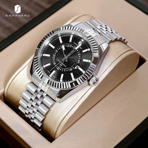 SAPPHERO Mens Watches luxury Business Stainless steel Wristwatch 100m Waterproof Bleu Quartz luminous Clock Gift for Men