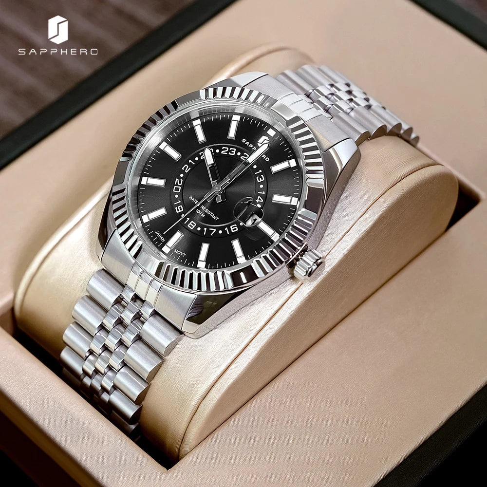 SAPPHERO Mens Watches luxury Business Stainless steel Wristwatch 100m Waterproof Bleu Quartz luminous Clock Gift for Men