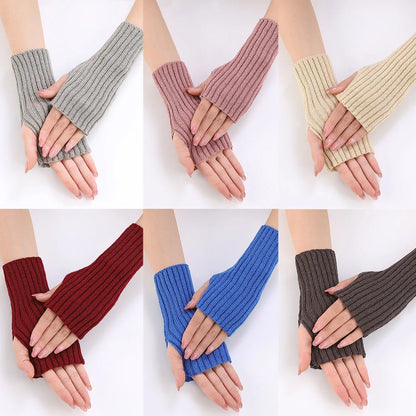 Women Half Finger Gloves Winter Knitted Arm Sleeves Fingerless Mittens Solid Color Soft