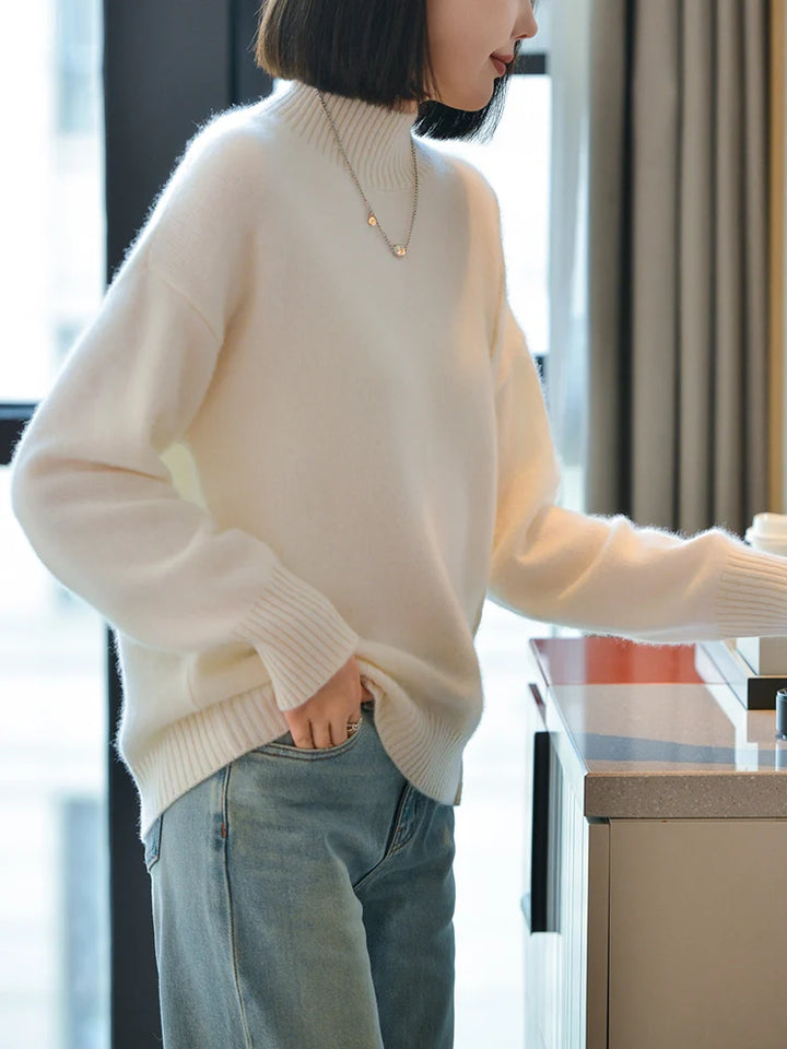100% Pure Wool Sweater Women's Autumn/Winter Half High Collar Solid Color