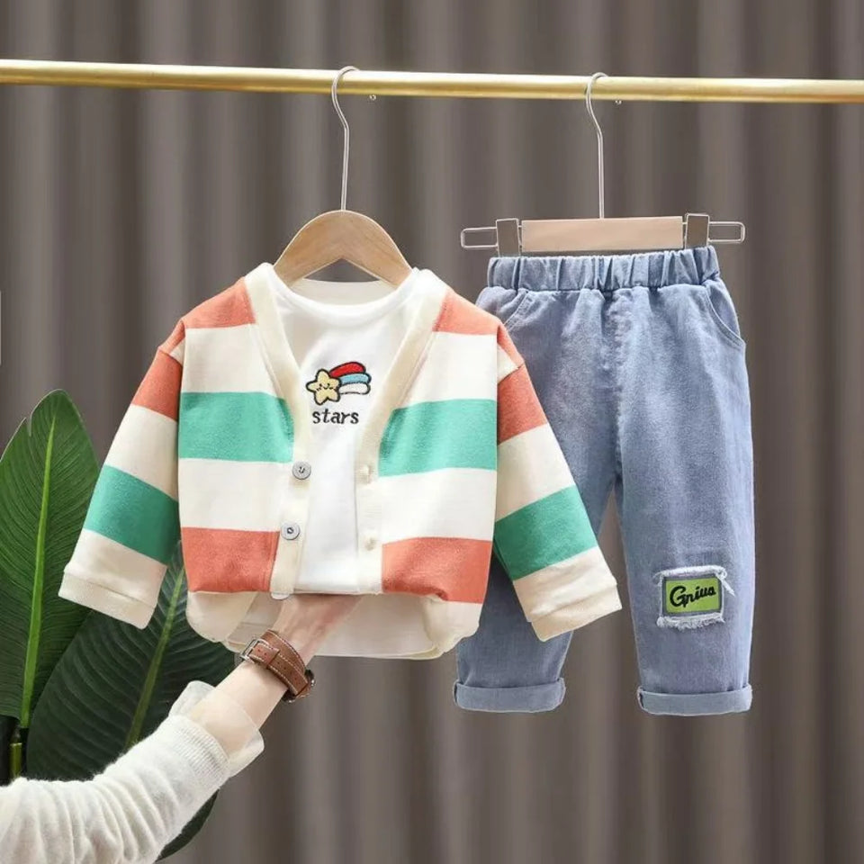 Fashion Children Boy Clothing Outfits Set High Quality Striped Coat + T Shirt + Jeans Pants 3PCS Boys Kids Clothes 1 2 3 4 Years