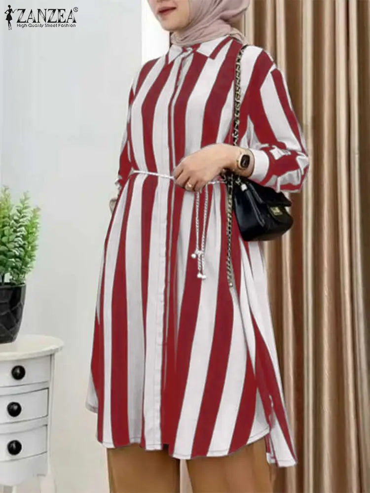 Muslim Blouse Women Stylish Long Shirts Long Sleeve Casual Striped Tops Turkey Abaya Kaftan Loose Busas Islamic Clothing