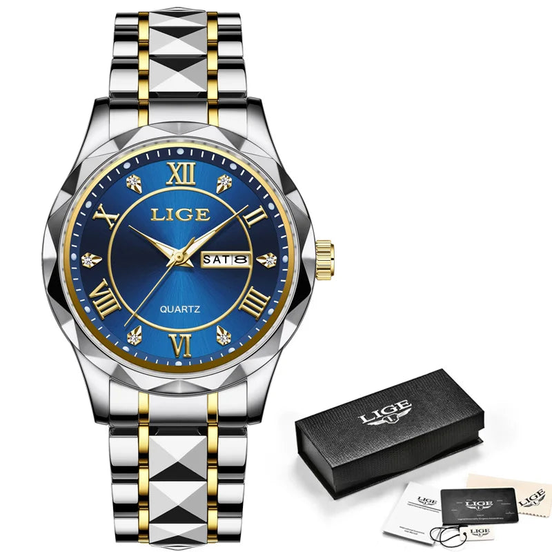 LIGE Luxury Quartz Men Watch Waterproof Luminous Date Week Man Watch Stainless Steel Business Wristwatches Male Clock Reloj+Box