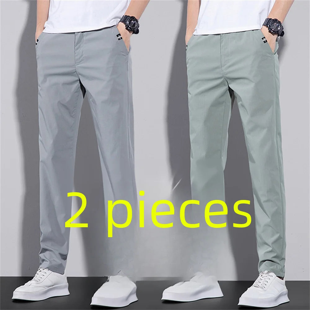 Summer Ice Silk Slim Fit Trousers Men's Thin Versatile Trendy Casual Straight-leg Trousers Quick-dry Slimming Men's Casual Pants