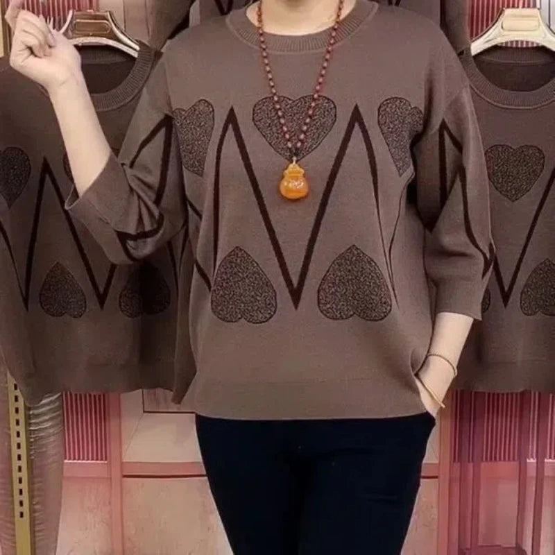 Simplicity Fashion Autumn  Sweaters Women O-Neck Printing Ice Silk Fabric