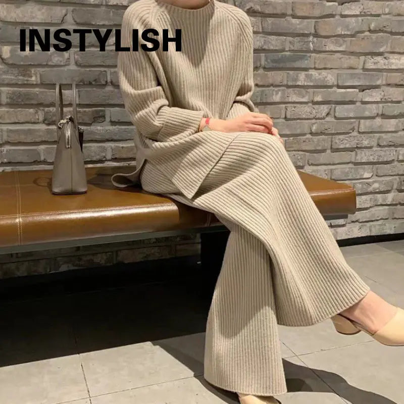 Women Elegant Sweater Suit Elegant Knitted Two Pieces Set Autumn Winter Oversized Pullover and Trousers