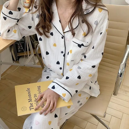 women's pajamas long sleeves pants Breathable soft Korean version sleepwear two piece-set