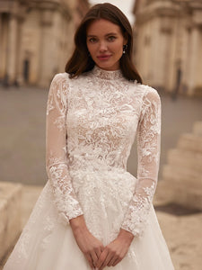 Glitter A-line Long Wedding Dress Modest High Collar Bride Robe Graceful Appliques Flower Bridal Gown Customized Robe De Mariée