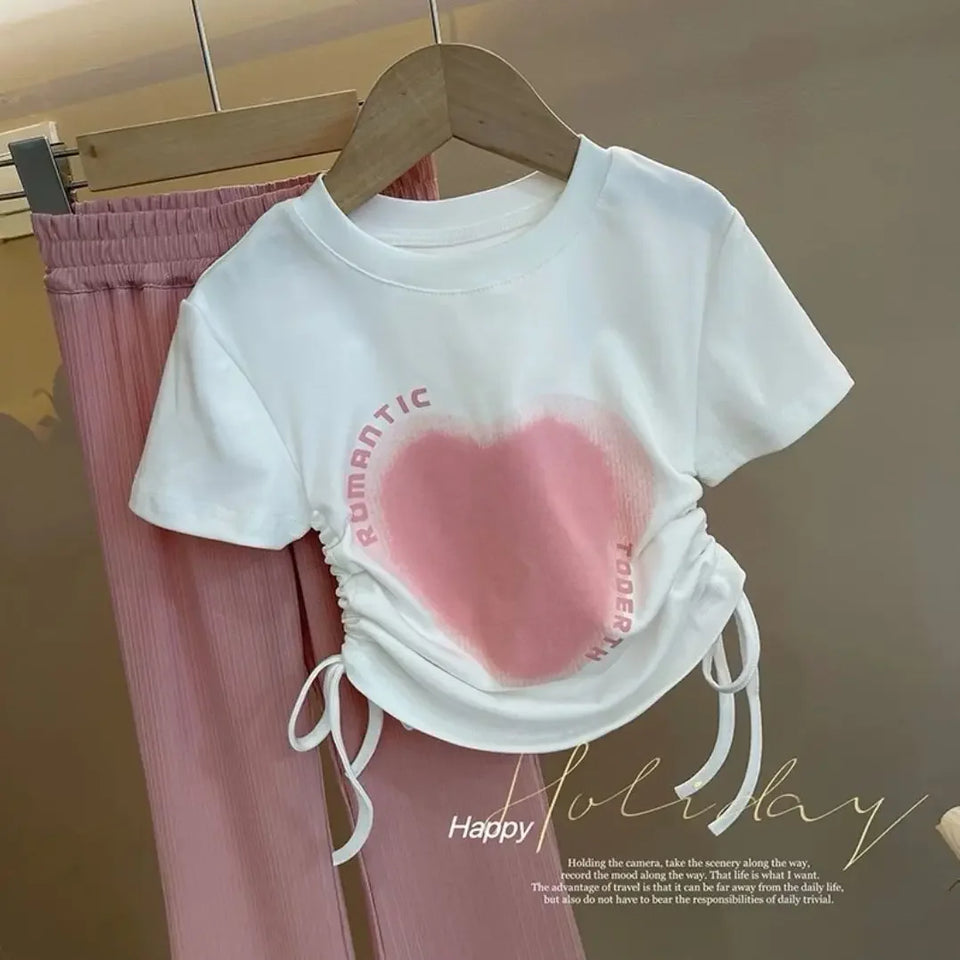 Girls Sweet Suit Teenager  New Love Printed Short-sleeved + Casual Wide-leg Pants Two-piece