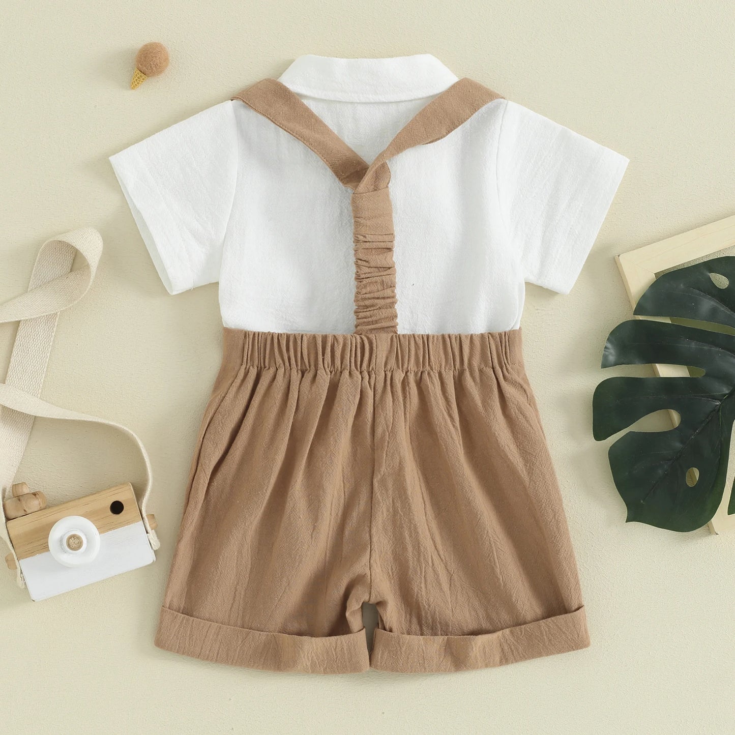 Pudcoco Toddler Boy Gentleman Outfit Solid Color Short Sleeves Romper with Bow Tie and Overalls Shorts