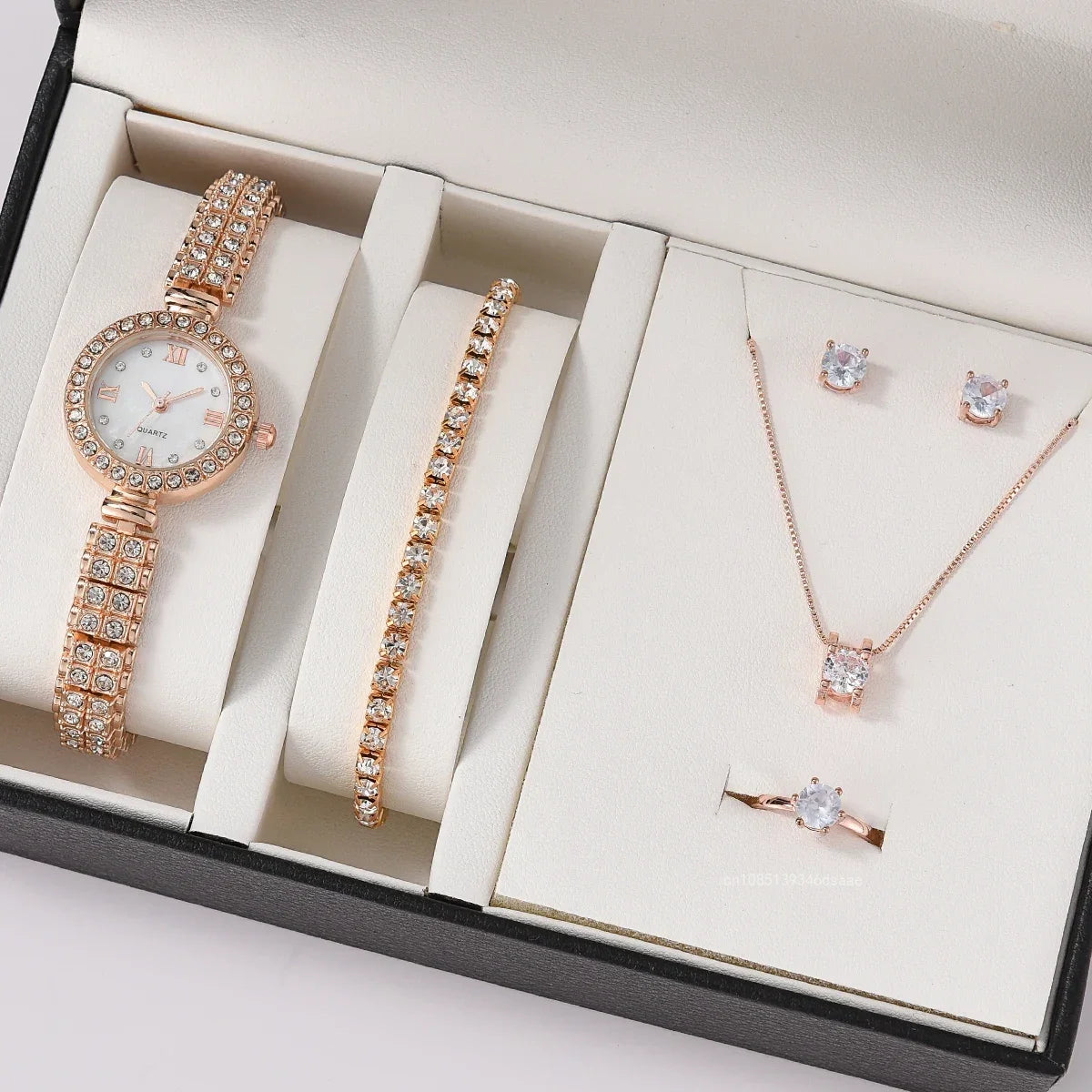 6pcs/set Jewelry Sets Women Quartz Watch Luxury with Stainless Steel Strap Clock Rhinestone Ring Necklace Earrings