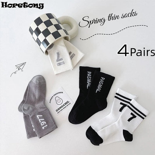 Horetong 4 Pairs/ Lot Letter Print Soft Breathable Cotton Kids School Sock Girls Boys Casual Black White Sports Children's Socks