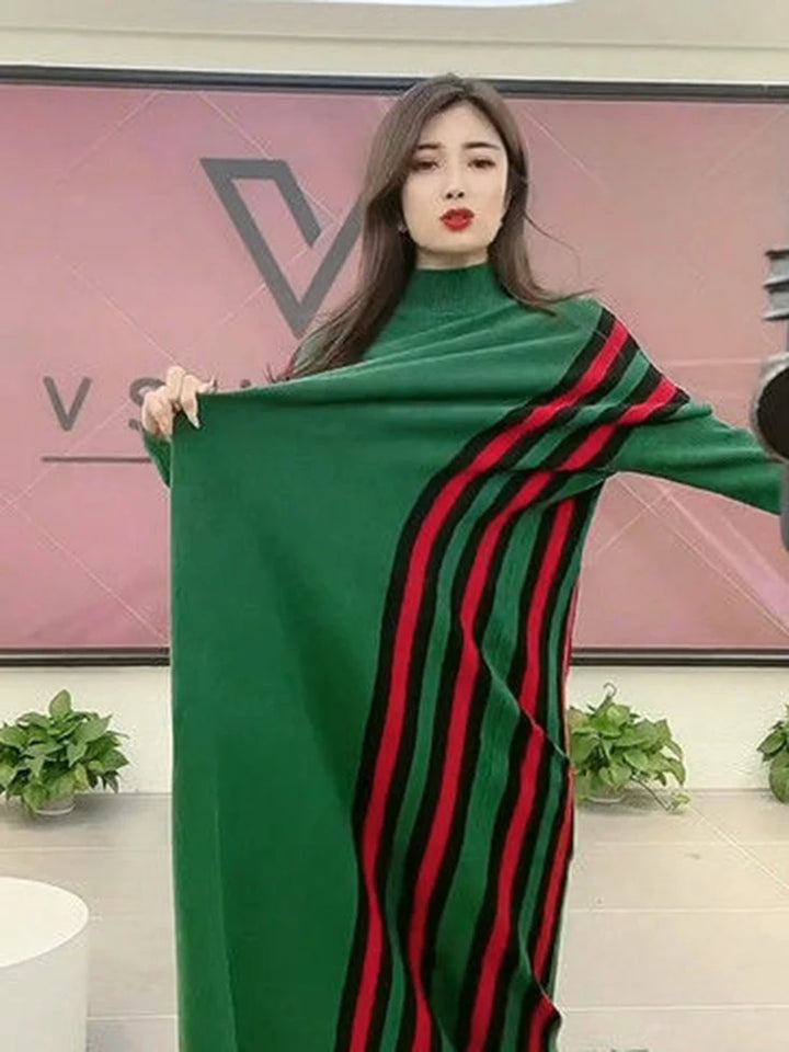 Casual Strip Knitwear Loose Midi Dresses  Elegant Half Turtleneck Knitted Dress Sweater