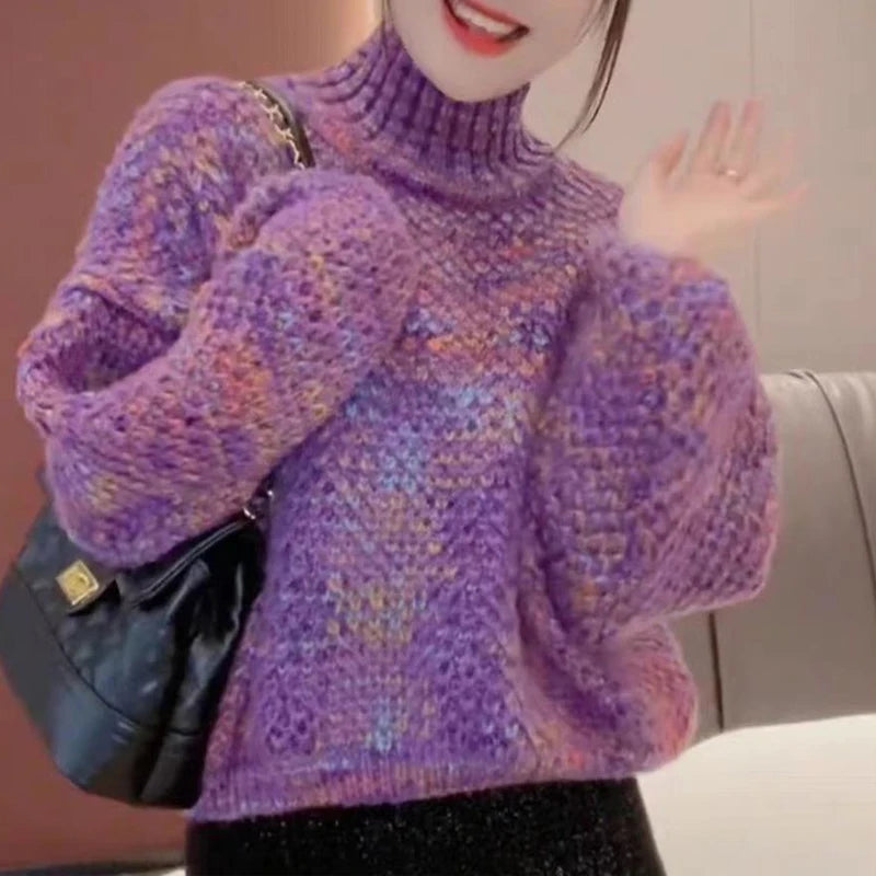 Autumn Winter Women Vintage Streetwear Lazy Style High Collar Knitted Sweater