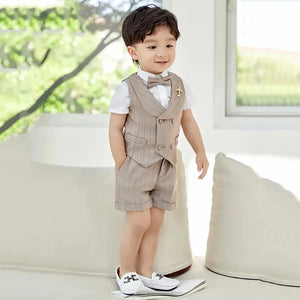Boys Spring Summer Khaki Striped Suit Set Baby Child Birthday Party Wedding Photography Costume Kids Blazer Vest Pants Clothes