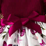 Baby Girl Butterfly and Plant Polka Dot Print Ruffle Sleeve Belt Dress + Ribbon