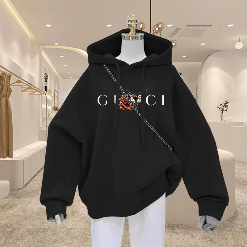 High Quality Print Fleece Hoodie Women's Fashion Graphic Loose Casual Sweatshirt