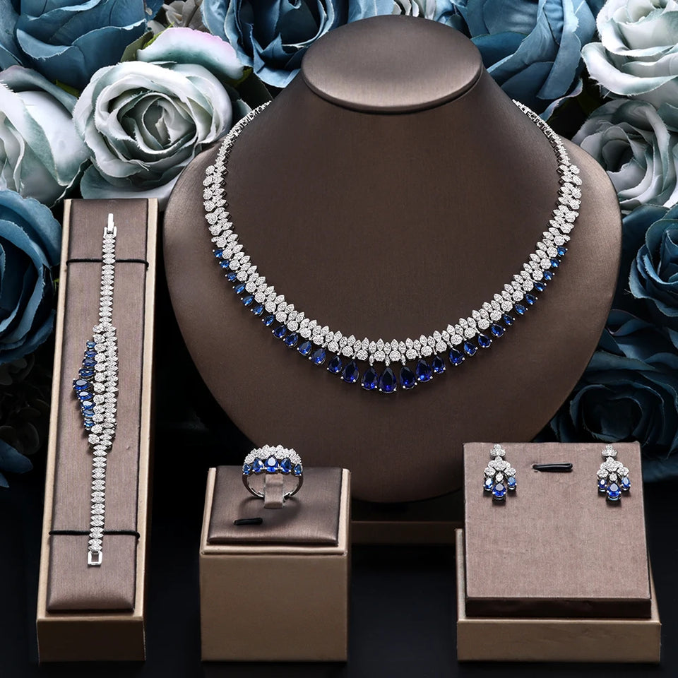 Luxury White Cubic Zirconia Bridal Jewelry Set Brides Accessories Tassel Water Drop Necklace Earring 4pcs Set for Wedding Party