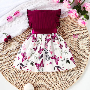 Baby Girl Butterfly and Plant Polka Dot Print Ruffle Sleeve Belt Dress + Ribbon