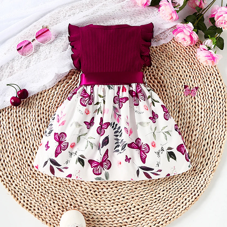 Baby Girl Butterfly and Plant Polka Dot Print Ruffle Sleeve Belt Dress + Ribbon