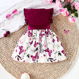 Baby Girl Butterfly and Plant Polka Dot Print Ruffle Sleeve Belt Dress + Ribbon
