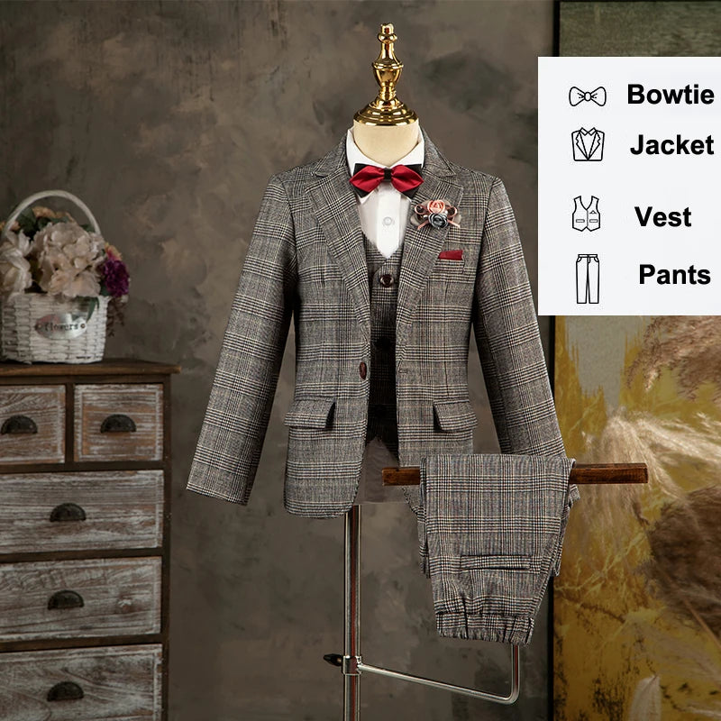 Children's Formal Classic Palid Suit Set Boy Gentleman Catwalk Birthday Host Piano Performance Costume Kids Jacket Vest Pants