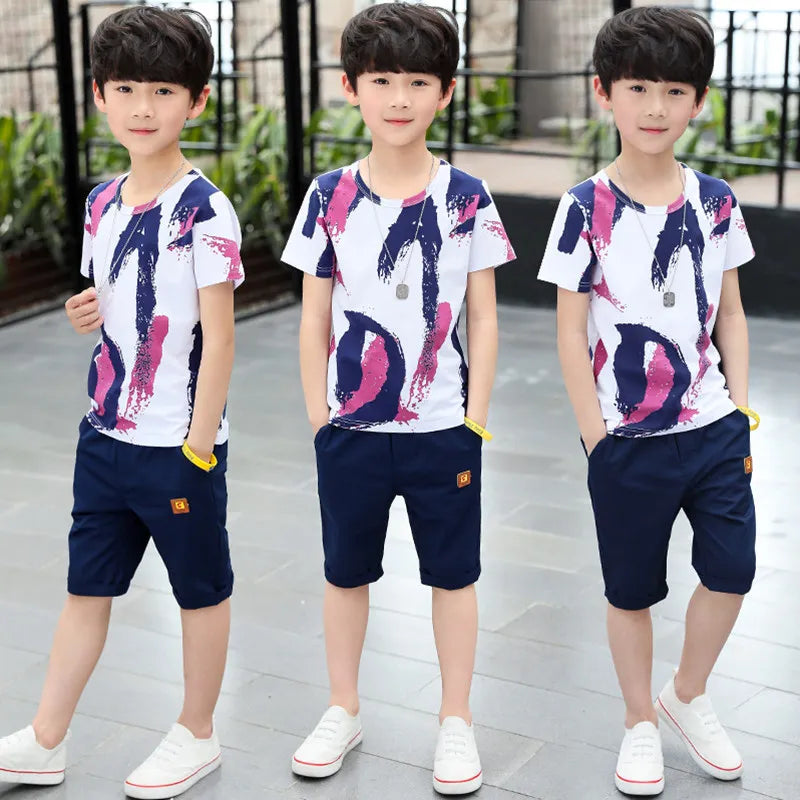 outfits Cotton Teenage Boys Clothing casual Suit Children Short Sleeve Shirt Shorts Set 4 6 8 12 Years