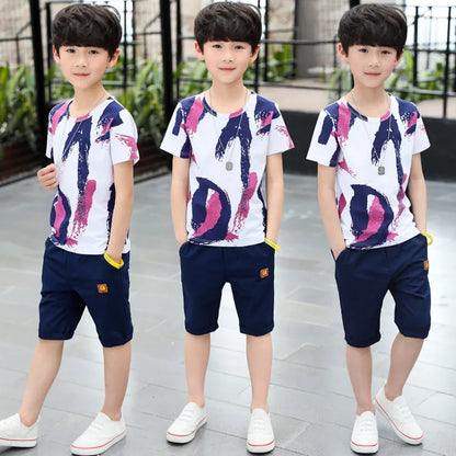 outfits Cotton Teenage Boys Clothing casual Suit Children Short Sleeve Shirt Shorts Set 4 6 8 12 Years