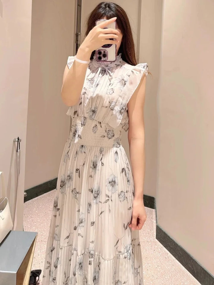 Kuzuwata Fresh Mid-length Print High Waist Robe New Gentle Literary Lace Up Pleated Slim Exquisite Mujer Japan New Elegant Dress